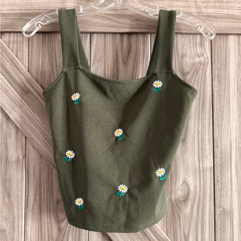 Daisy Embroidered Green Crop Top